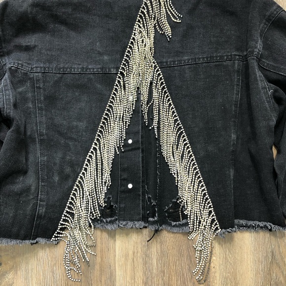 Blue B. Cropped Black Denim Jacket with Silver Rhinestone Fringe - Picture 14 of 16